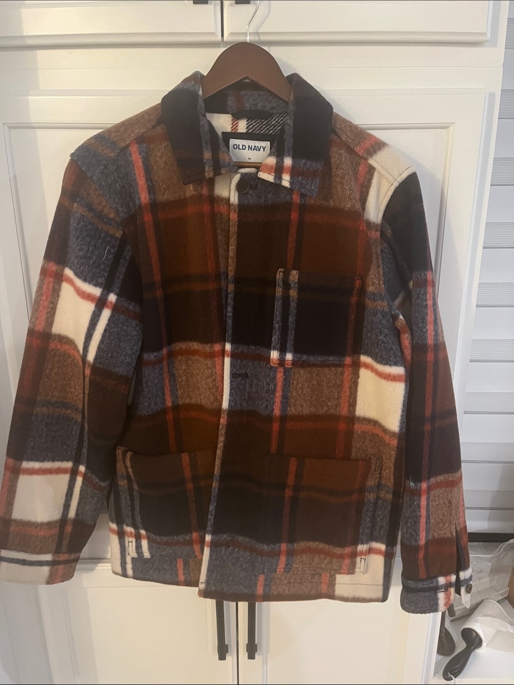 Old Navy Plaid Shacket - Navy, Brown & Cream